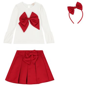 Girls Red & White Bow Pleated Skirt