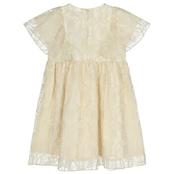 Girls Ivory & Gold Logo Embroidered Dress