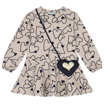 Girls Beige Heart Dress Set