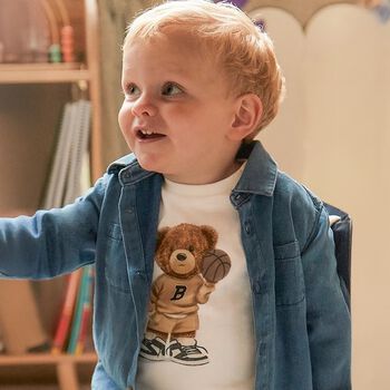 Younger Boys White Teddy Bear Long Sleeve Top