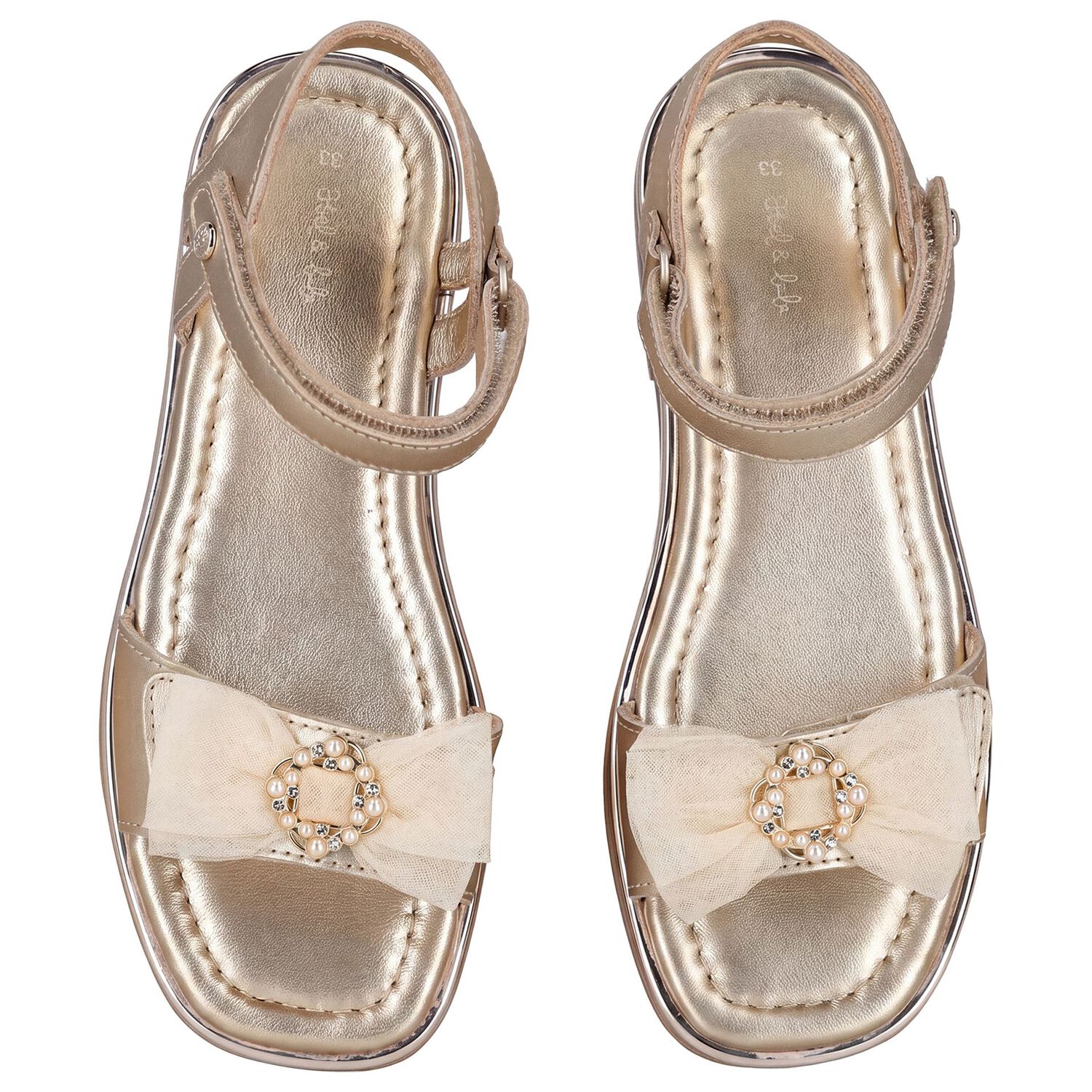 Girls Gold Leather Tulle Bow Sandal, 2, hi-res