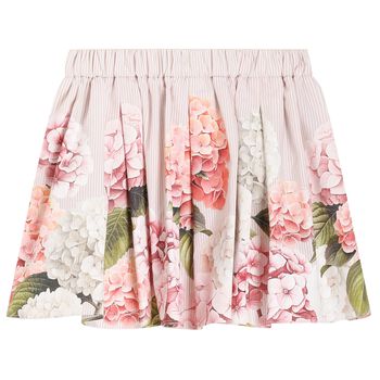 Girls Pink & Ivory Striped Floral Skirt