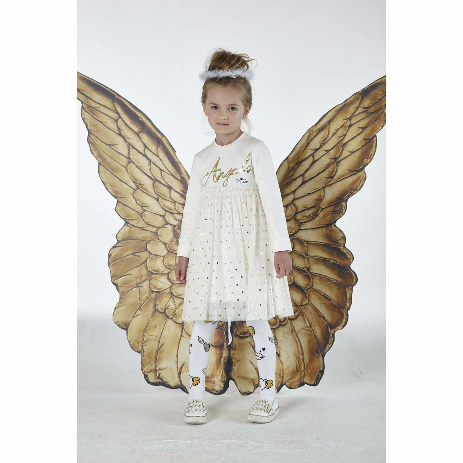 Girls Ivory & Gold Dress, 1, hi-res