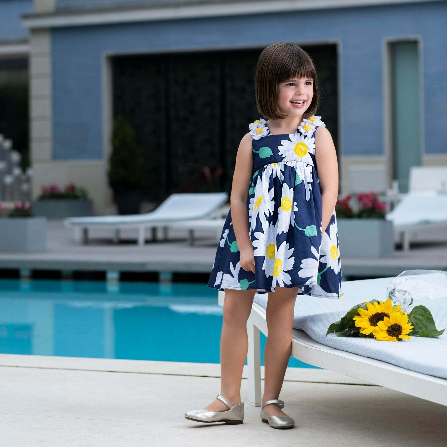 Younger Girls Blue Diasy Print Dress, 1, hi-res