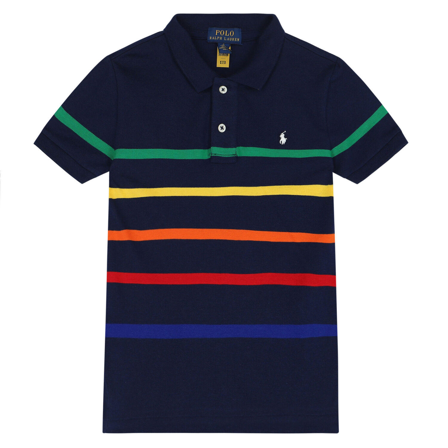 Boys Navy Striped Logo Polo Shirt, 1, hi-res