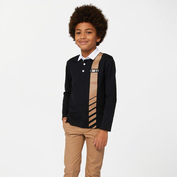 Boys Black Logo Long Sleeve Polo Shirt