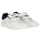Boys White & Navy Blue Logo Trainers, 2, hi-res