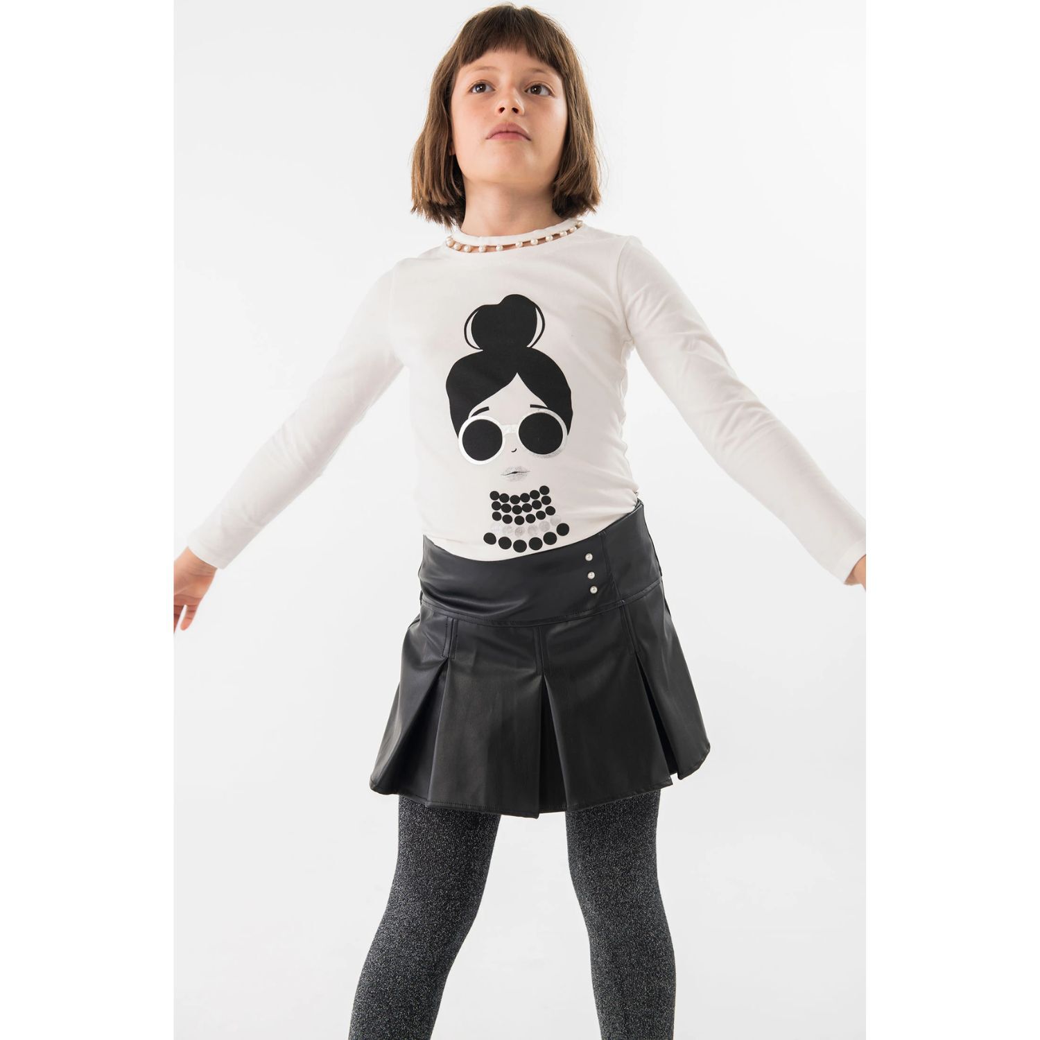 توب بنات بأكمام بالشعار باللون العاجي , 1, hi-res image number null