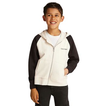Boys Ivory & Black Logo Hooded Zip Up Top