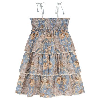 Girls Blue & Beige Floral Tiered Dress