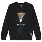 Boys Black Polo Bear Knitted Jumper, 1, hi-res