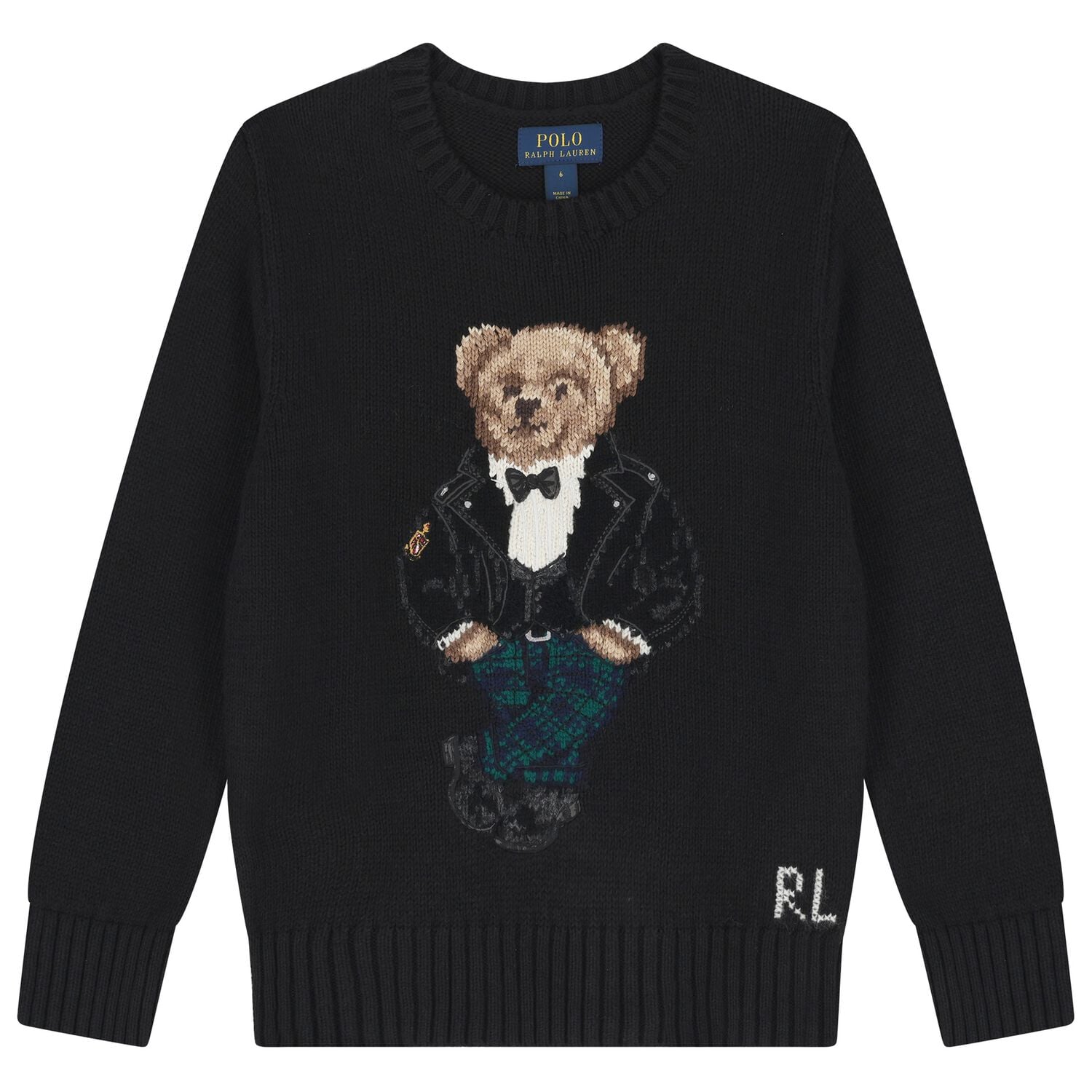 Boys Black Polo Bear Knitted Jumper, 1, hi-res