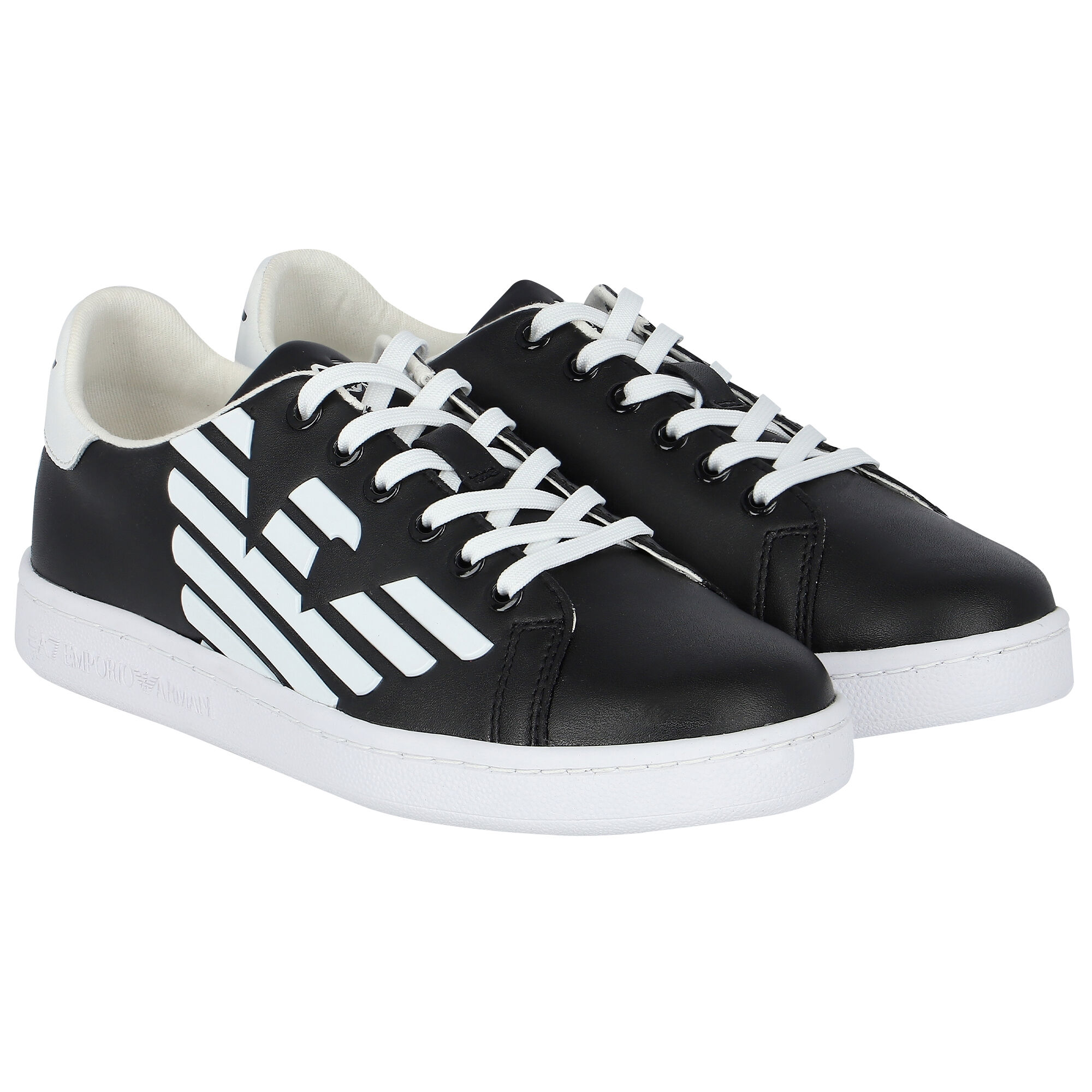 Armani black outlet leather trainers