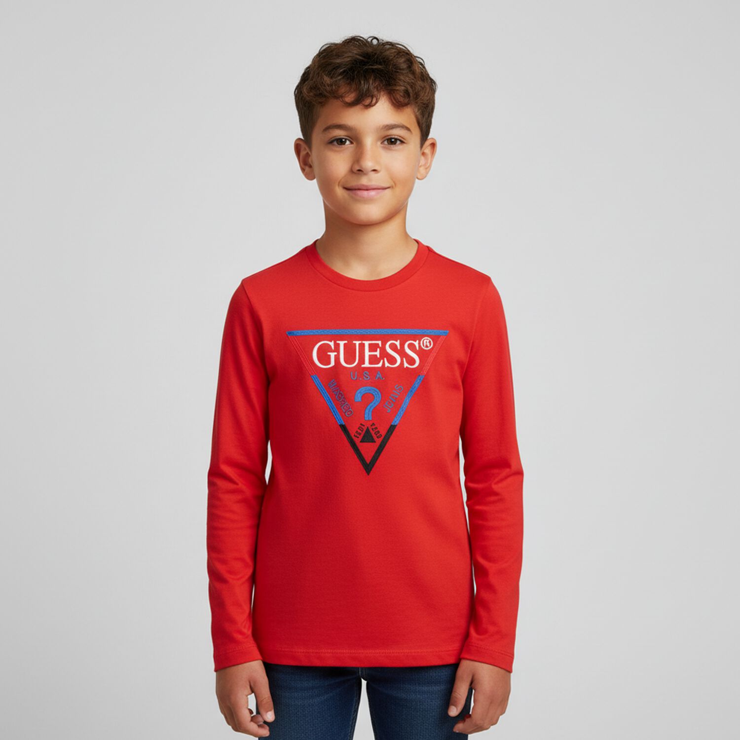 Boys Red Logo Long Sleeve Top, 1, hi-res