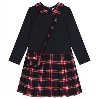 Girls Navy Blue Tartan Dress Set
