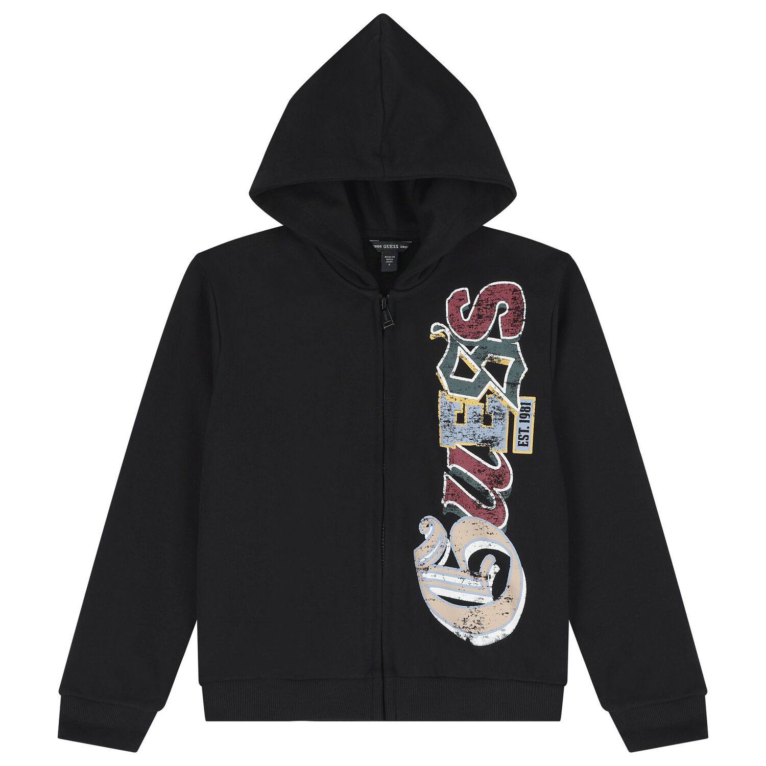 Boys Black Logo Hooded Zip Up Top, 1, hi-res