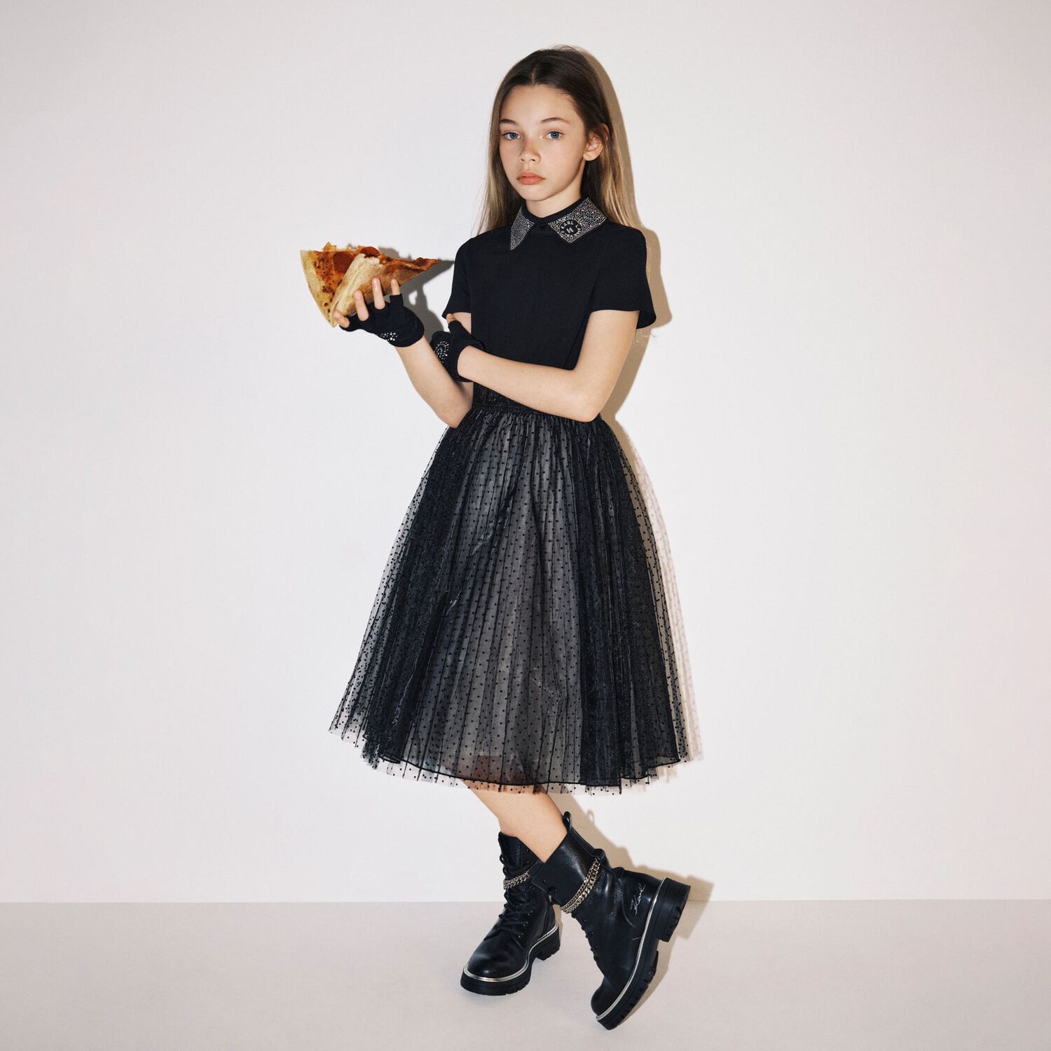 Girls Black Crystal Logo Tulle Dress, 1, hi-res image number null