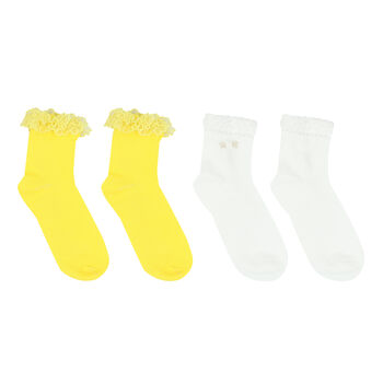 جوارب باللون الأبيض والأصفر للبنات (عبوة من قطعتين)