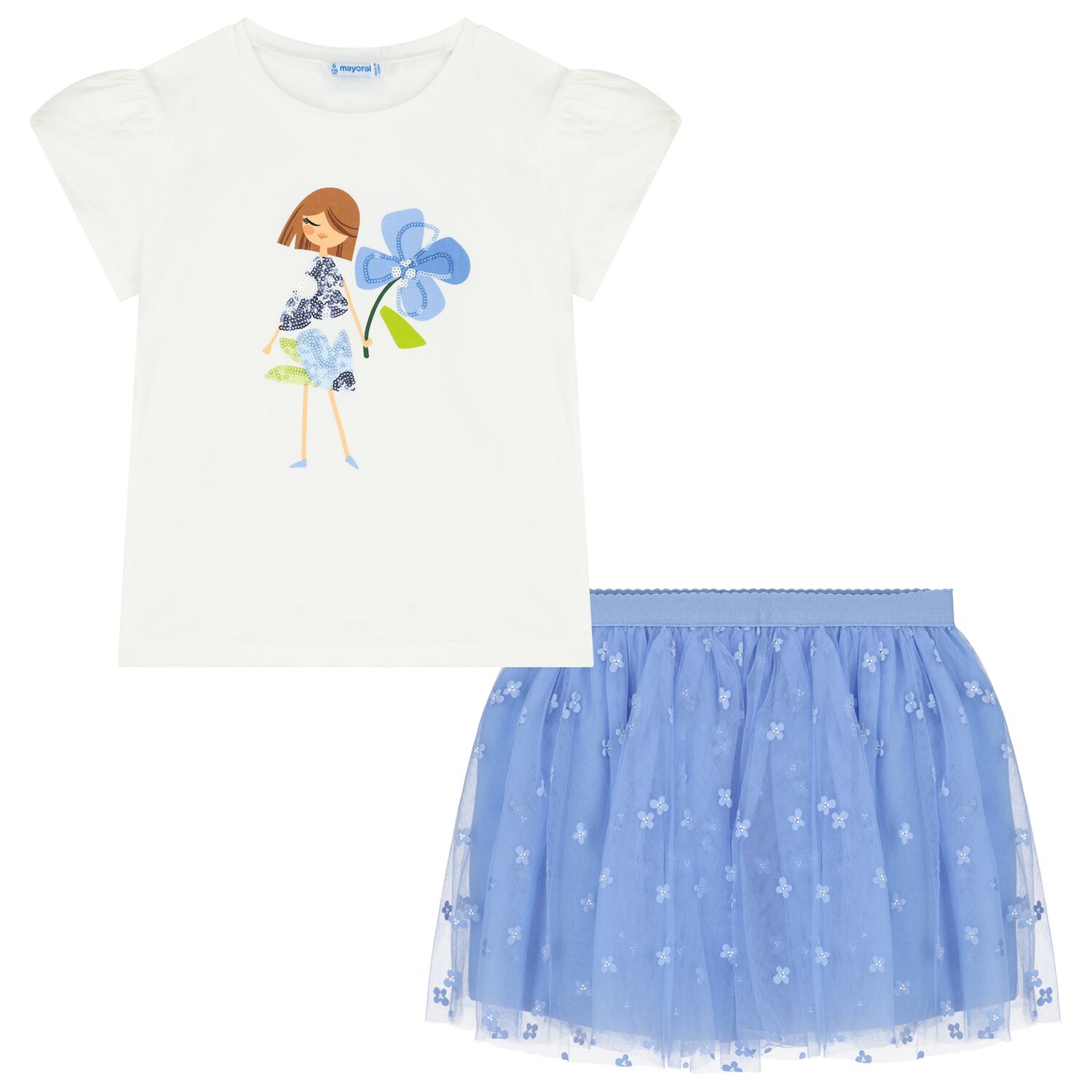 Girls Ivory & Blue Tulle Skirt Set, 1, hi-res image number null