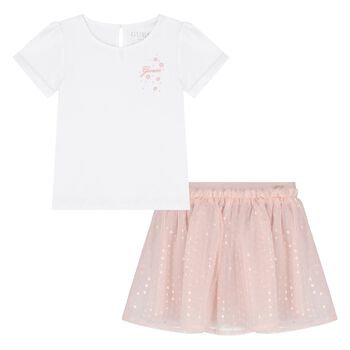 Younger Girls White & Pink Sequin Tulle Skirt Set