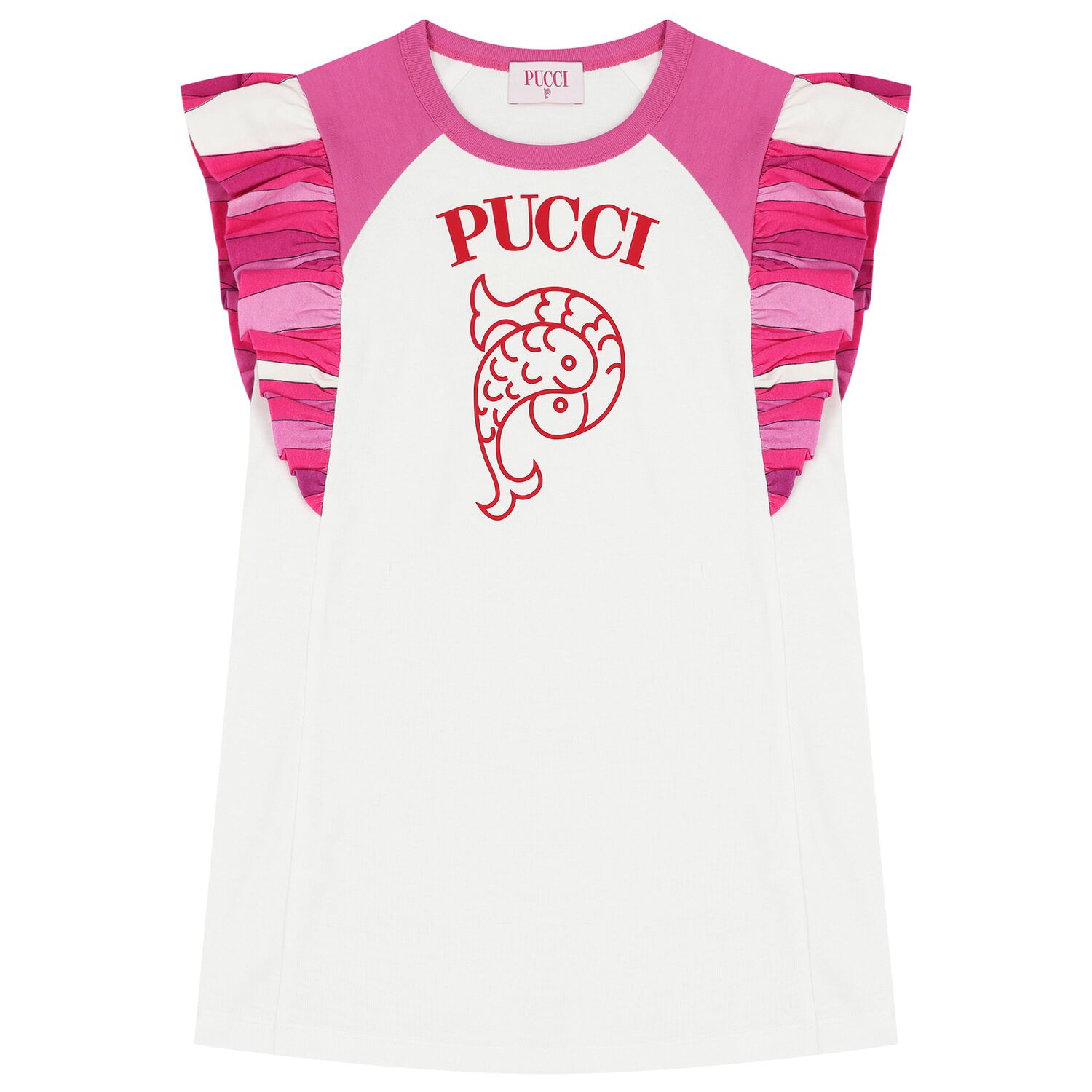 فستان للبنات باللون أبيض ووردي مكشكش بشعار, 1, hi-res