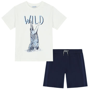 Boys White & Navy Blue Crocodile Shorts Set