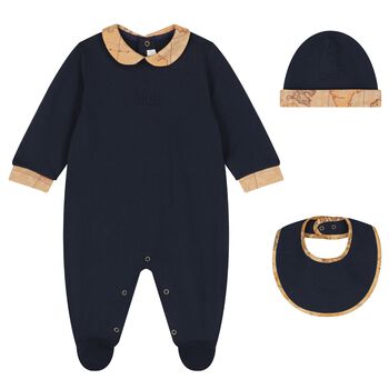 Baby Boys Navy Blue & Beige Geo Map Babygrow Gift Set
