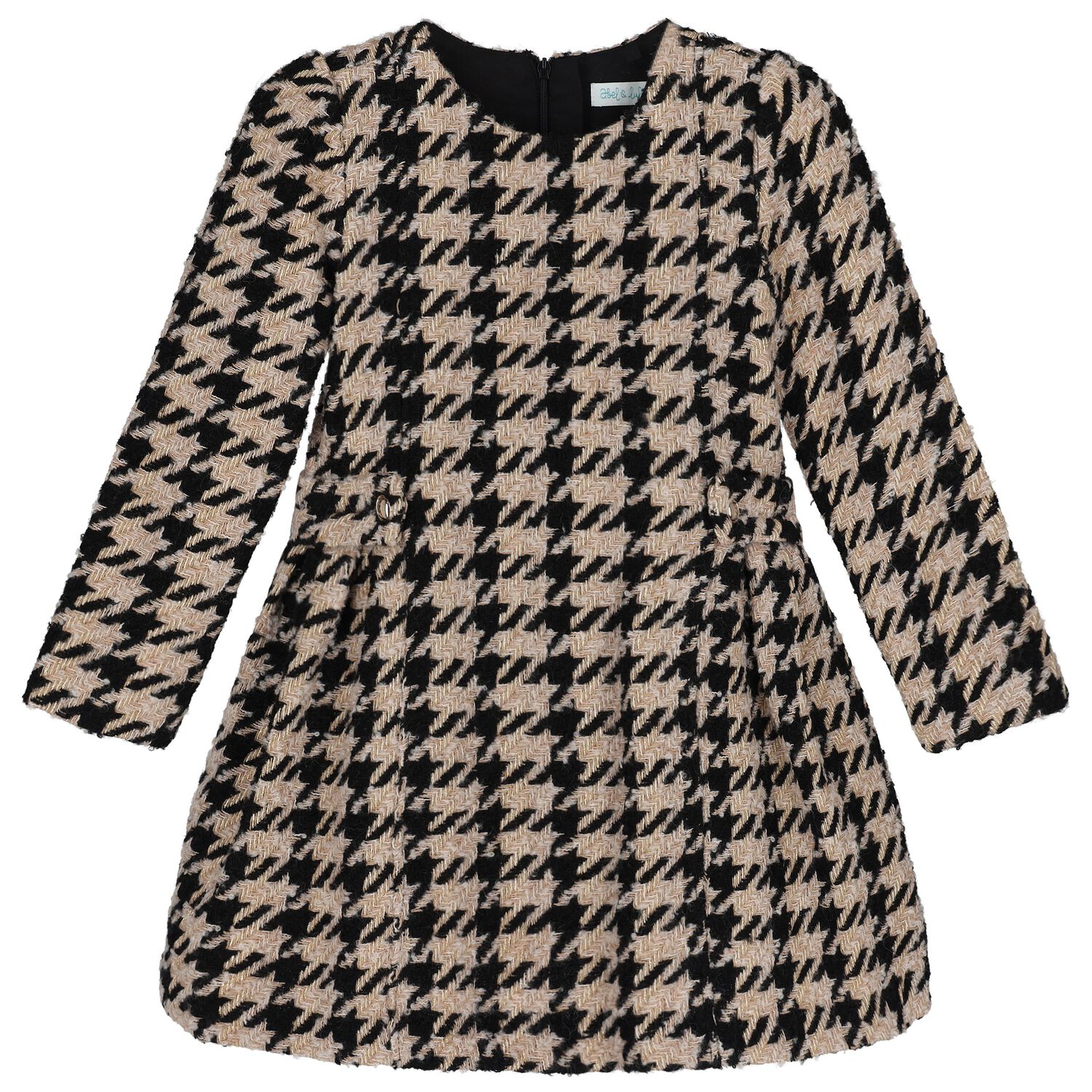 Girls Black & Beige Tweed Houndstooth Dress, 1, hi-res