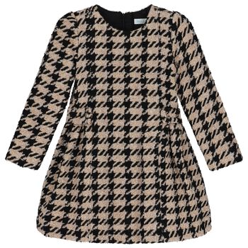 Girls Black & Beige Tweed Houndstooth Dress