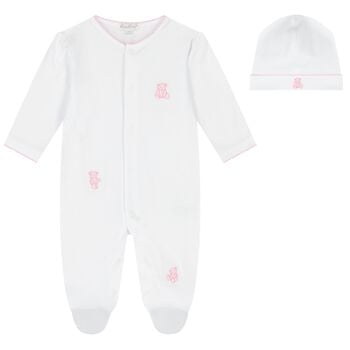 Baby Girls White & Pink Teddy Bear Babygrow Gift Set