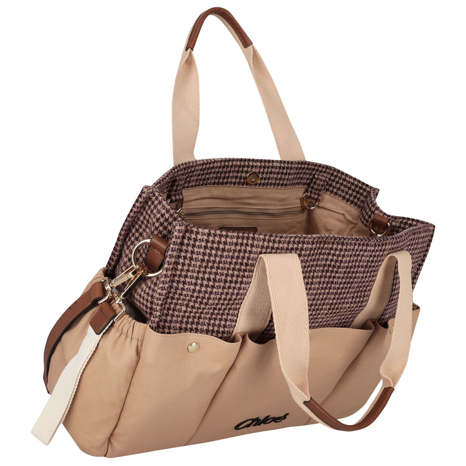 Beige Houndstooth Check Baby Changing Bag ( 41cm ), 1, hi-res