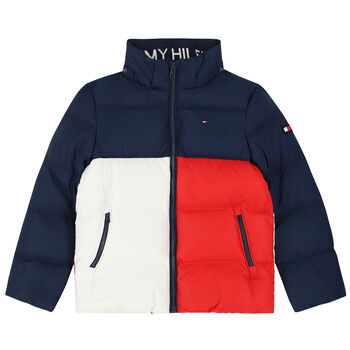 Boys Navy, Red & White Logo Hooded Puffer Jacket