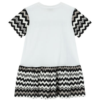 Girls White & Black Logo Zigzag Dress