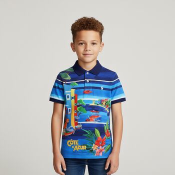 تيشيرت بولو أولاد بالشعار باللون الأزرق