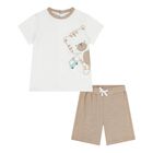 Baby Boys White & Beige Tiger Shorts Set, 1, hi-res