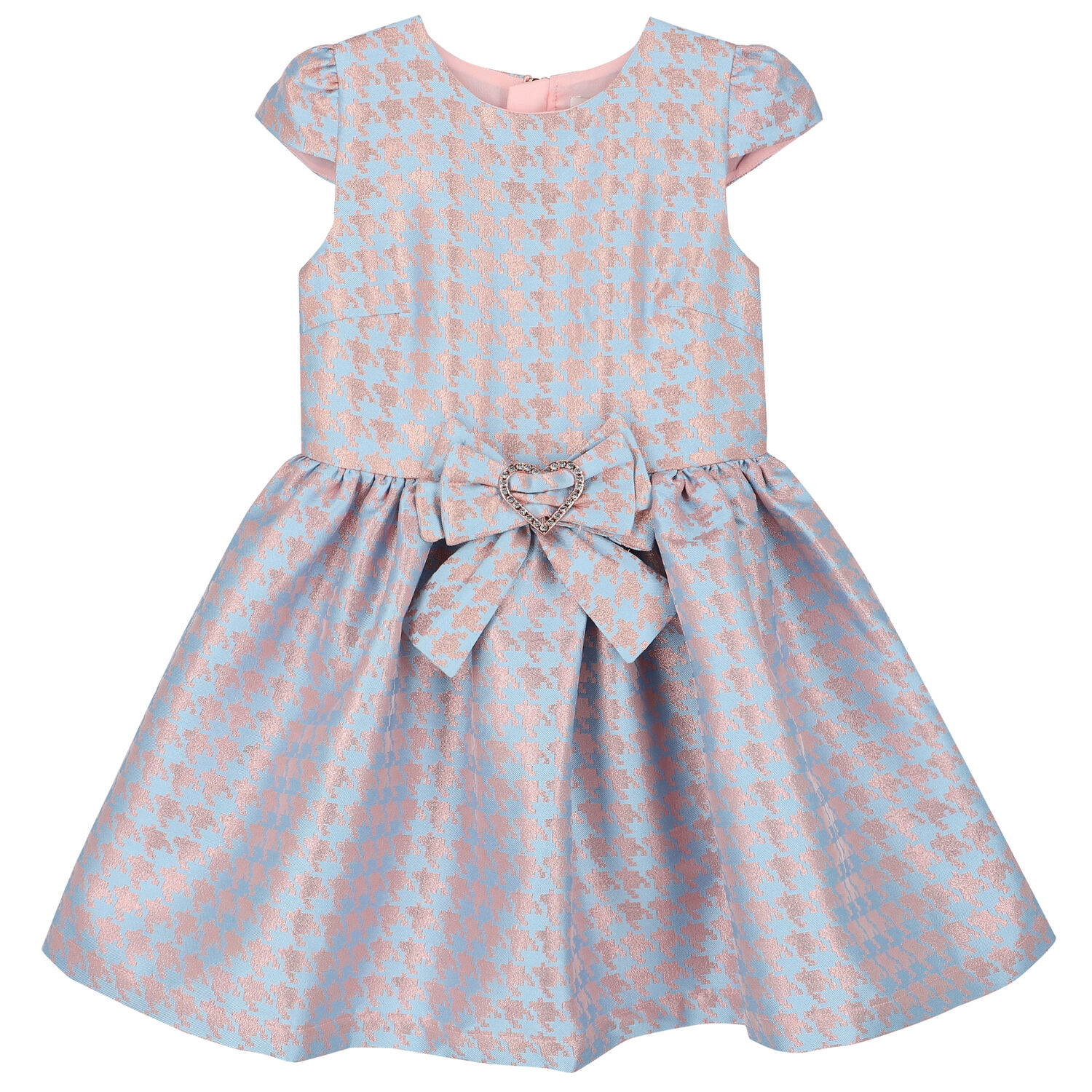 Girls Blue & Rose Gold Houndstooth Dress, 2, hi-res
