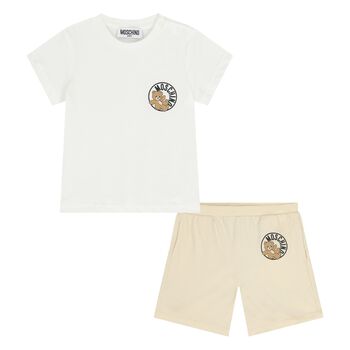 Younger White & Beige Teddy Bear Shorts Set