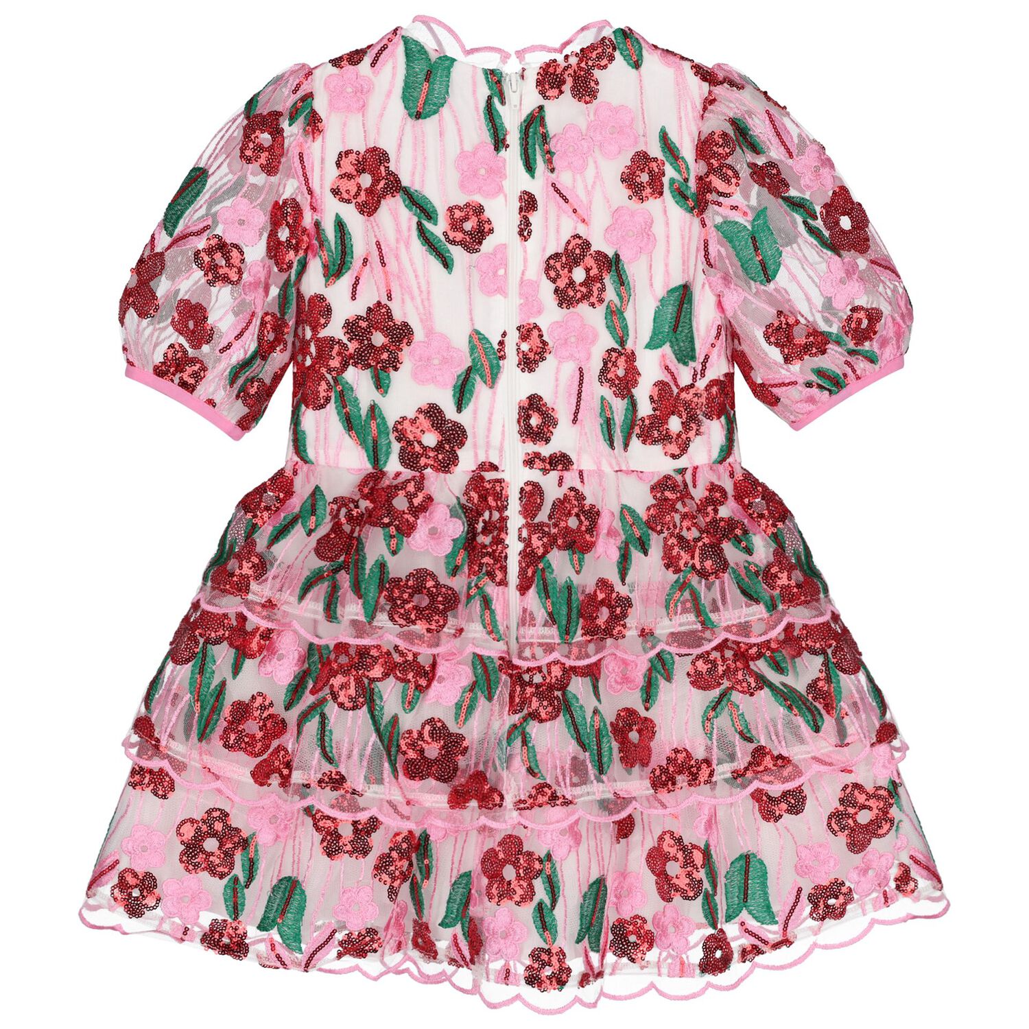 Girls Pink & Red Embroidered Sequin Dress , 1, hi-res