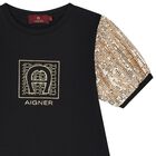 فستان بنات بالشعار باللون الأسود والذهبي, 1, hi-res