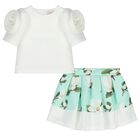 Girls White & Green Floral Skirt Set, 1, hi-res