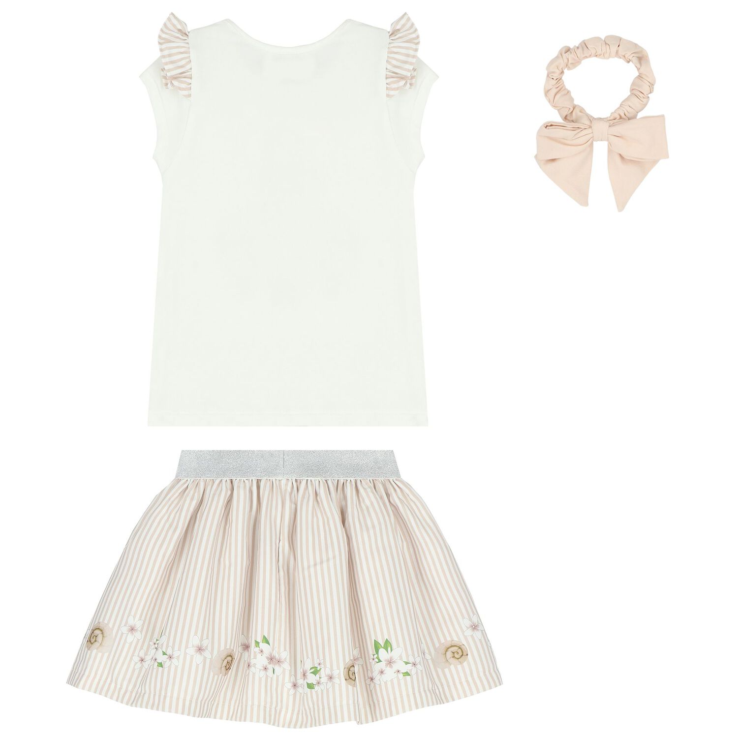 Girls White & Beige Striped Skirt Set, 3, hi-res image number null