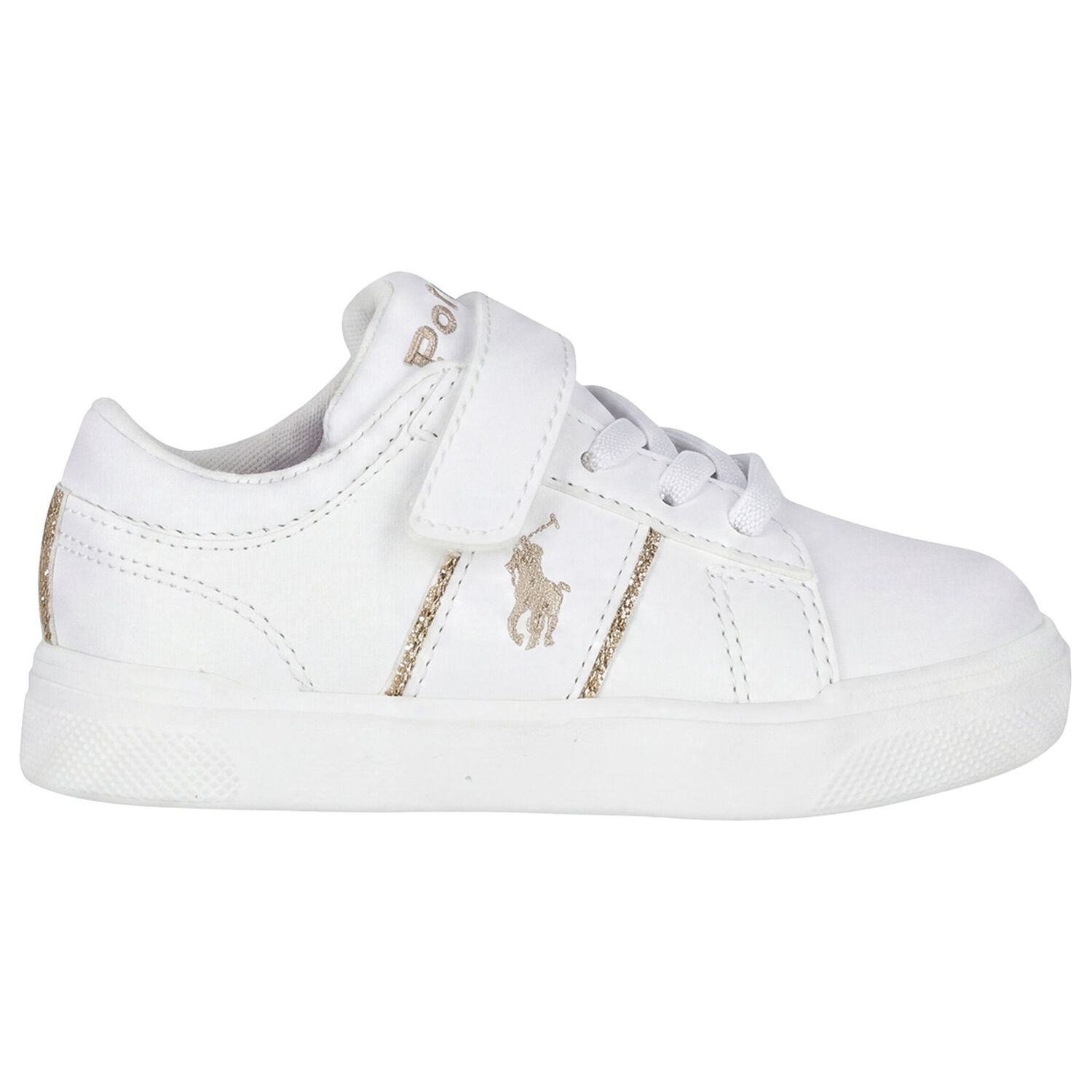Younger Girls White & Gold Logo Trainers, 1, hi-res