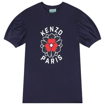 Girls Navy Blue Logo Flower Dress