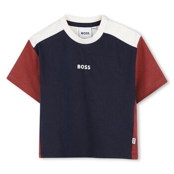 Younger Boys Navy Blue, Ivory & Orange Logo T-Shirt