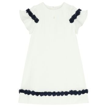 Girls Ivory & Navy Blue Flower Crepe Dress