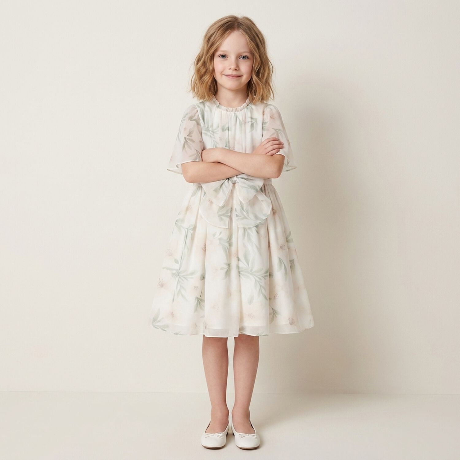Girls Ivory Chiffon Floral Dress, 1, hi-res