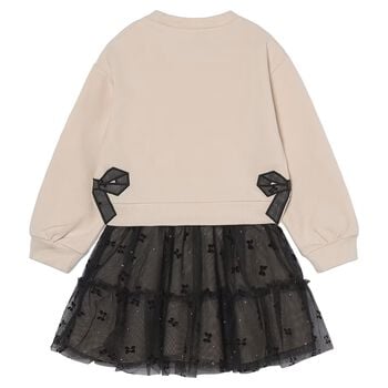 Girls Beige & Black Bow Tulle Skirt Set
