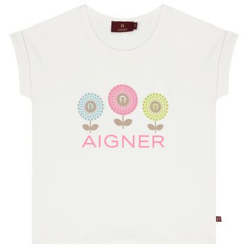 Aigner تيشيرت بنات بالشعار بطبعة الزهور باللون الأبيض, 1 تيشيرت بنات بالشعار بطبعة الزهور باللون الأبيض