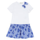 Girls White & Blue Bow Dress, 1, hi-res