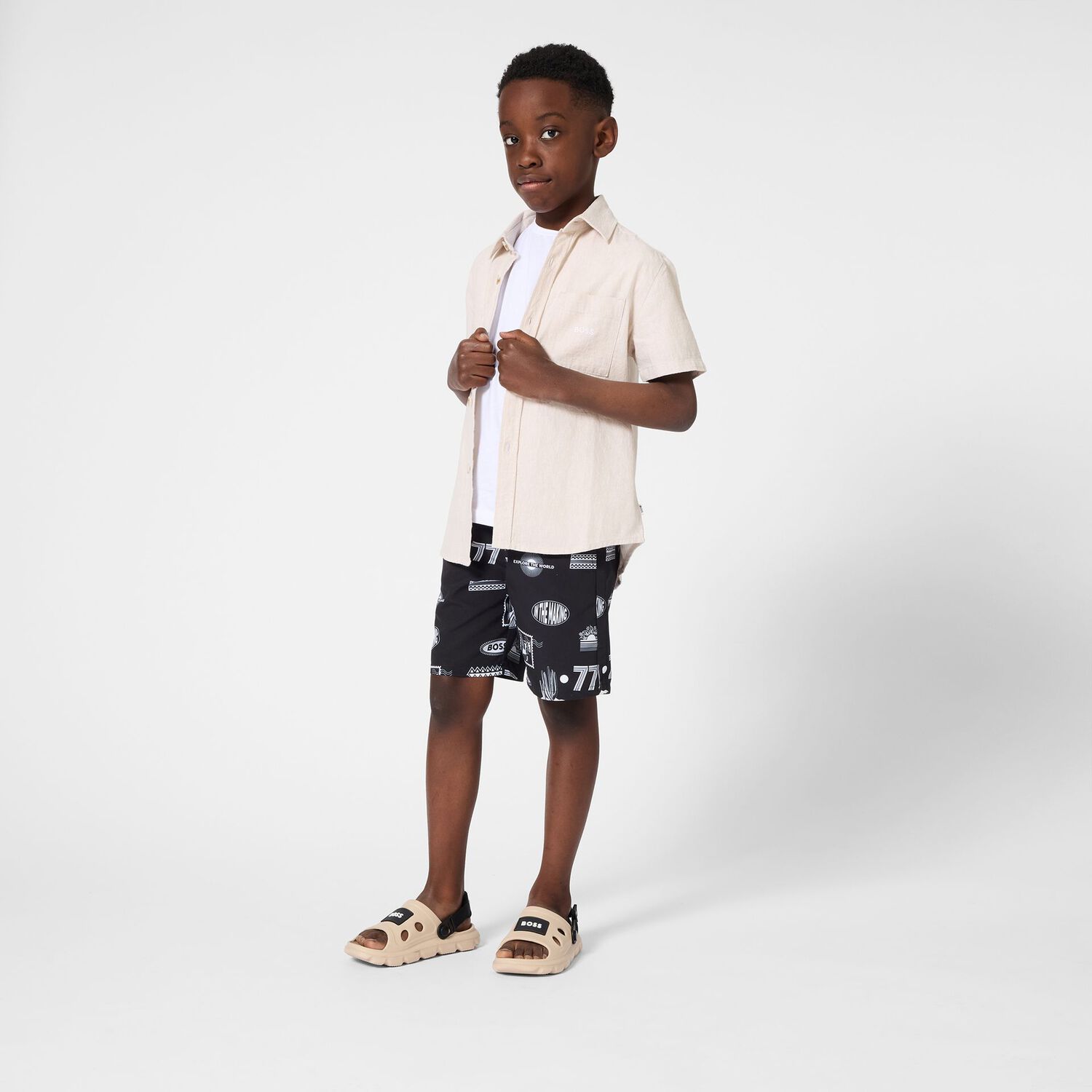 Boys Black Logo Swim Shorts, 1, hi-res